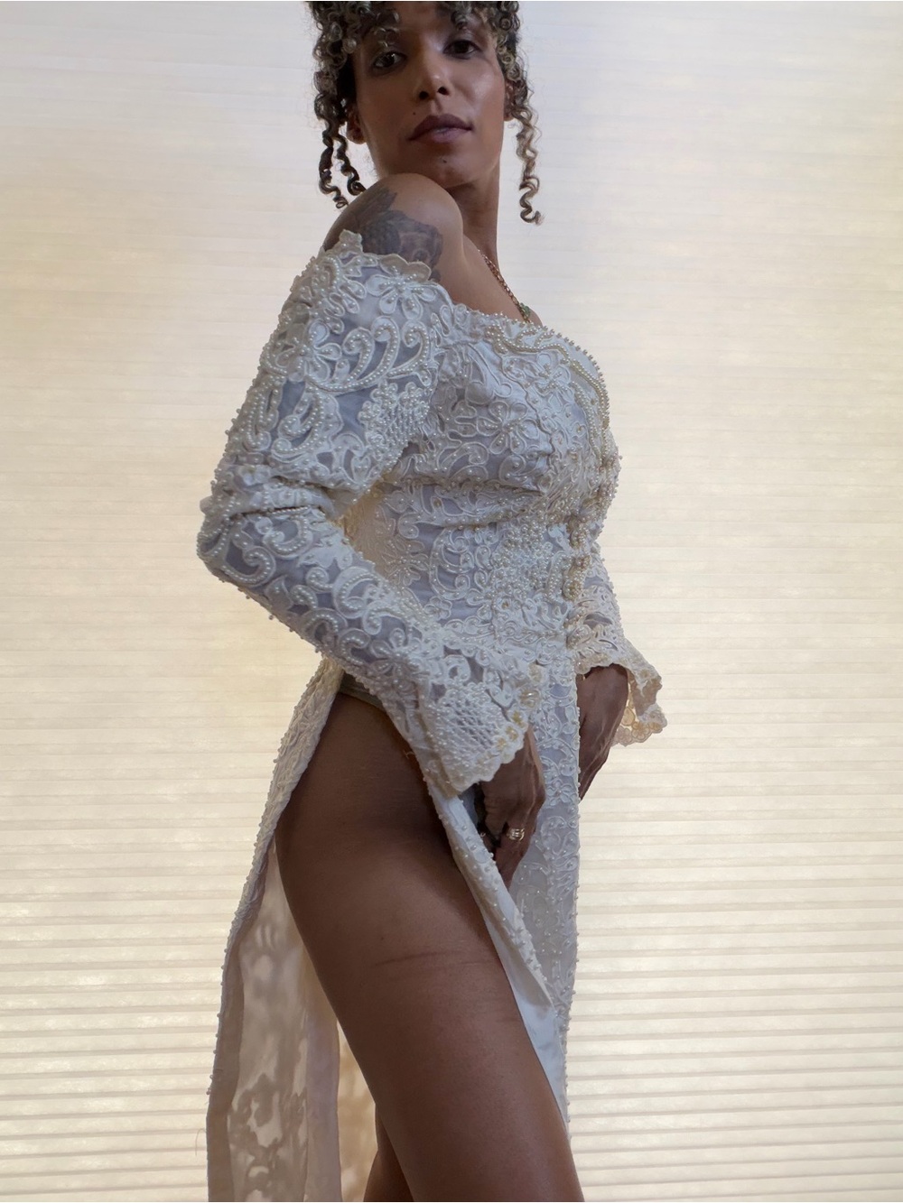 Vintage Beaded Lace Bridal Gown | Off-the-Shoulder Pearl Embellished Wedding Dre